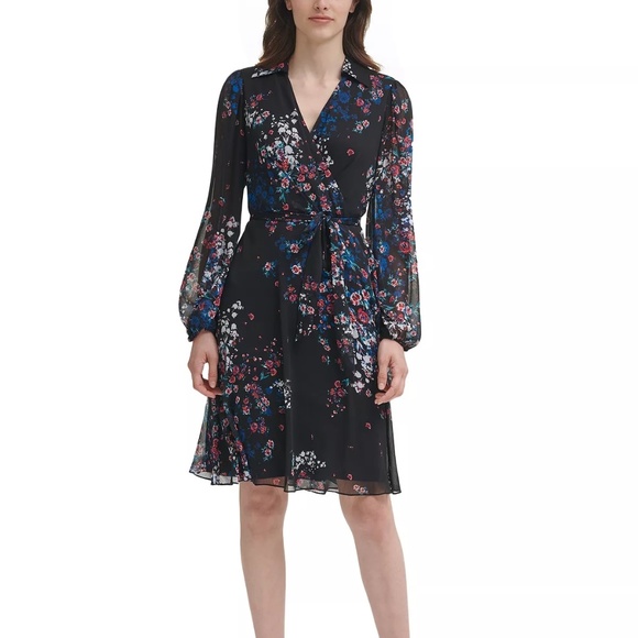 DKNY Floral-Print Wrap-Style Dress - Size 8 - Picture 5 of 10